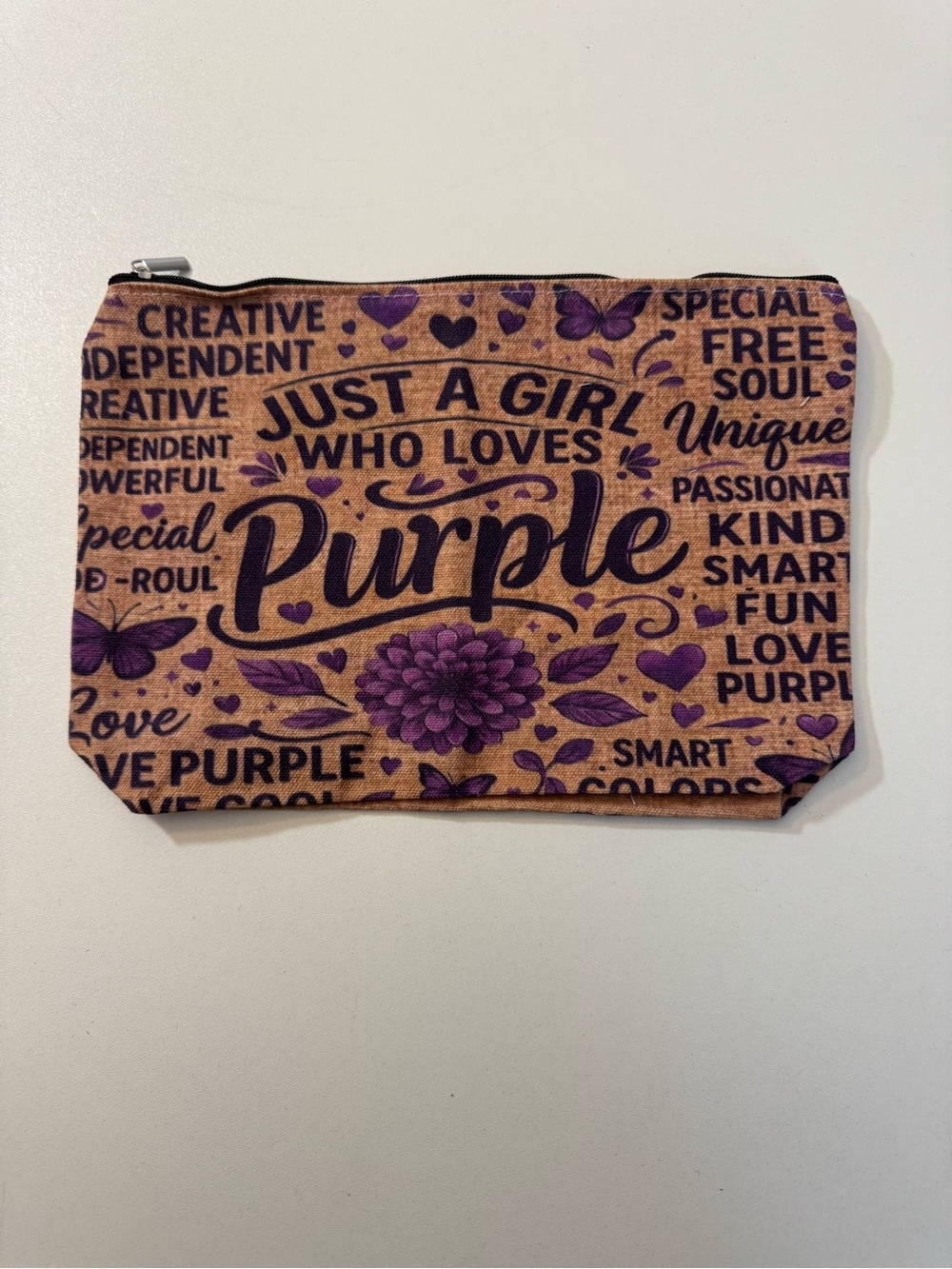 Purple Patterned Cosmetic Pouch - 'Just a Girl Who Loves Purple'